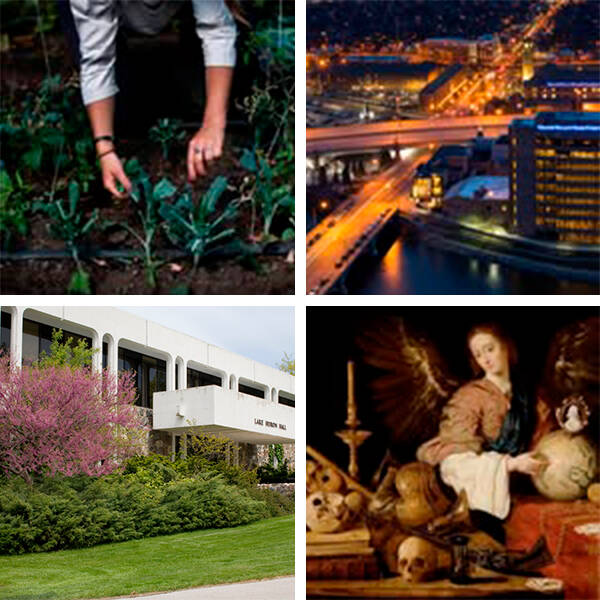 Four images: One of a pair of hands gardening, one a nightscape of downtown Grand Rapids, one an exterior building shot of Lake Huron Hall, one a historical oil painting depicting a scholar studying